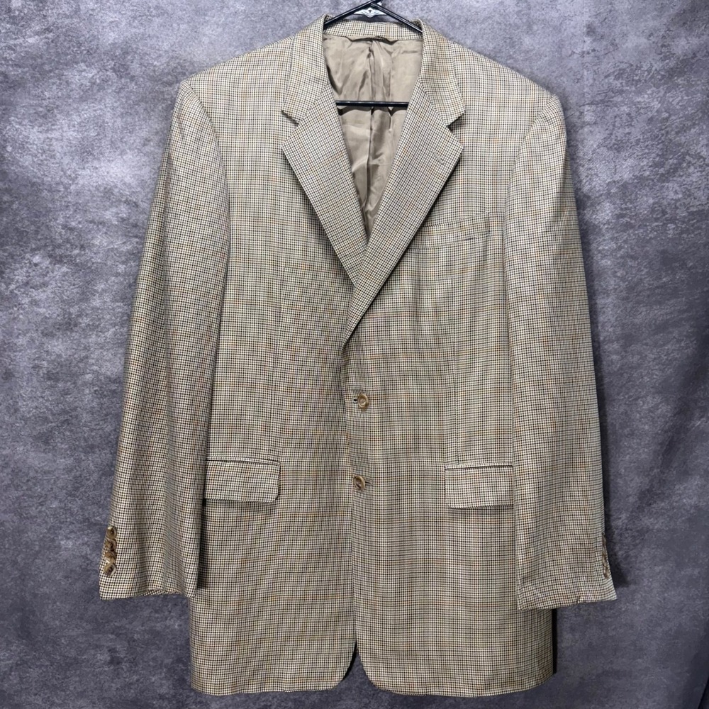 VTG Hickey Freeman Silk Wool Houndstooth Blazer Jacket Mens 42L Tan Academia